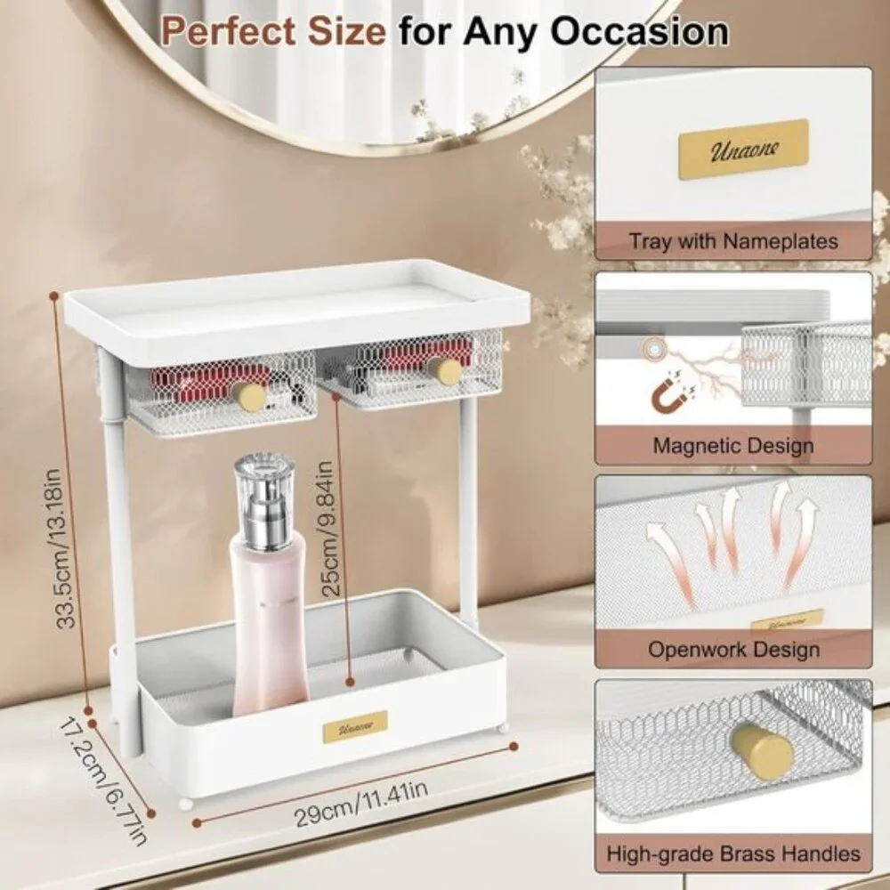 New 2-Tier Makeup Organizer Countertop, Rotating Drawers for Vanity & Skincare